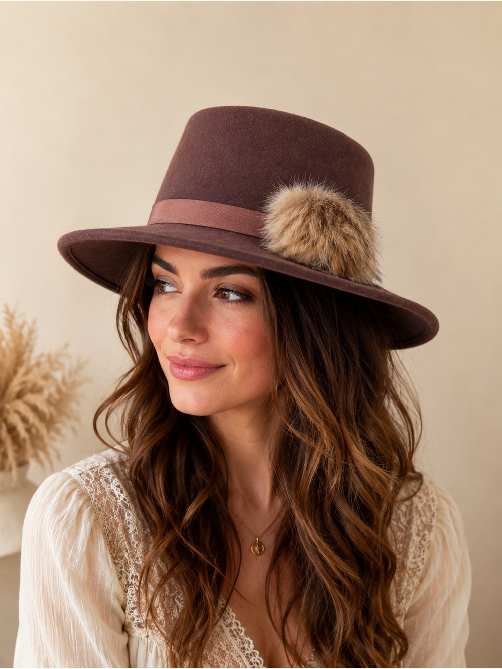 Vintage Brown Wool Fedora Hat Faux Fur Accent Boho Western Cottagecore